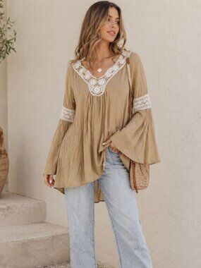 Umgee USA Large Boho Lace Trim Tunic Top Bell Sleeve Peasant Gypsy Blouse